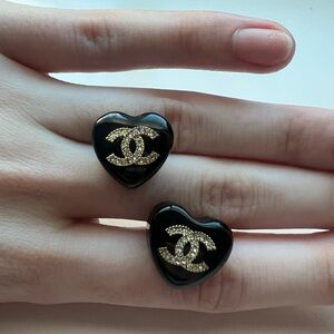 Vintage Rare Chanel Black Heart Earrings with Gold Diamond CC